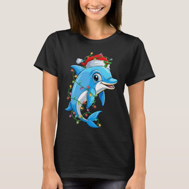 Camiseta Dolphin Santa Hat Árvore de Natal Engraçado Luz Xm (Frente)