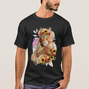 Camiseta Dona de Gato Laranja para Meninas Animais Florais 