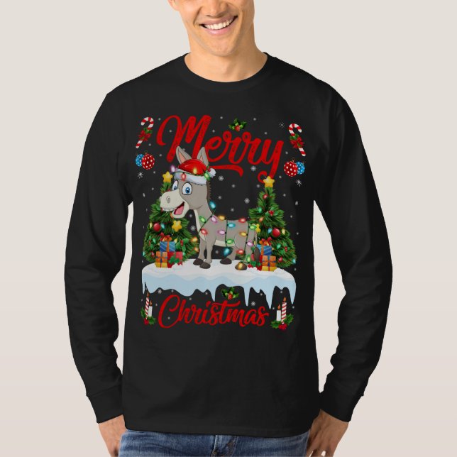 Camiseta Donkey Lights Xmas Tree Engraçado Papais noeis Don (Frente)