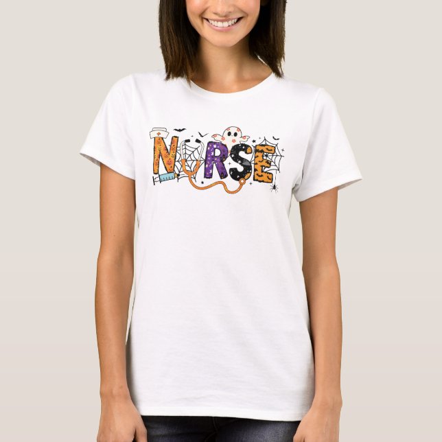 Camiseta Doodle de Enfermeira Assustadora de Halloween (Frente)