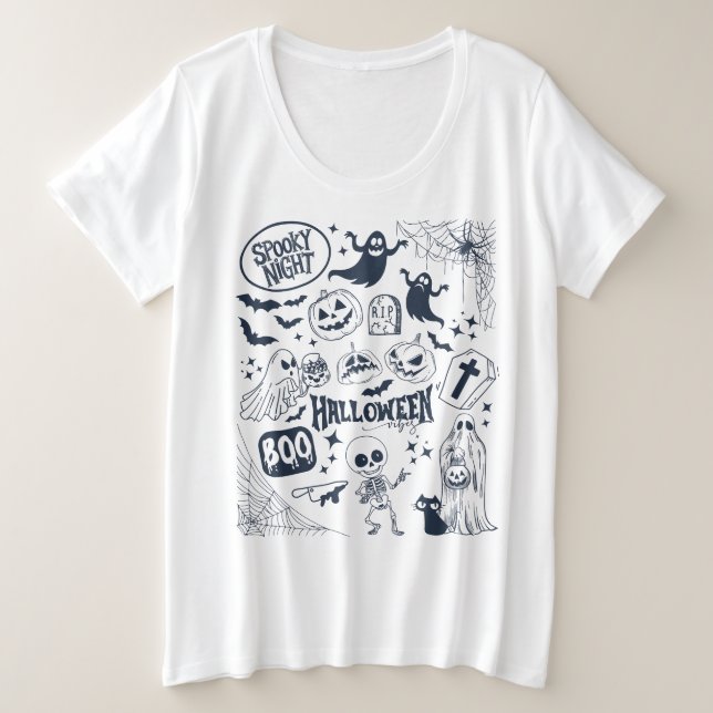 Camiseta Doodle Halloween Vibes - Noite Assustadora (Frente do Design)