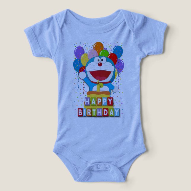 Camiseta Doraemon com Arte de Bolo e Balões  (Design frontal)