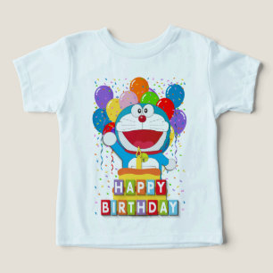 Camiseta Doraemon com Bolo e Arte de Balão
