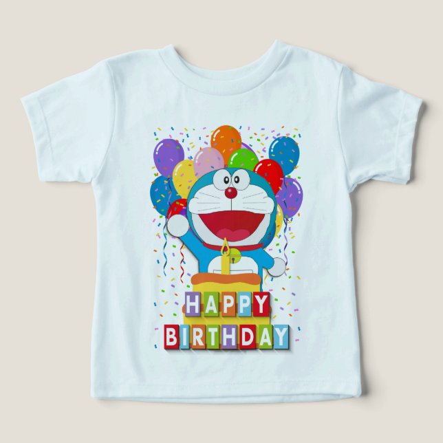 Camiseta Doraemon com Bolo e Arte de Balão (Design frontal)