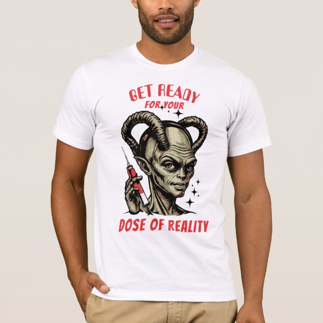 Camiseta Dose de realidade engraçada de agulha hipodérmica  (Frente)