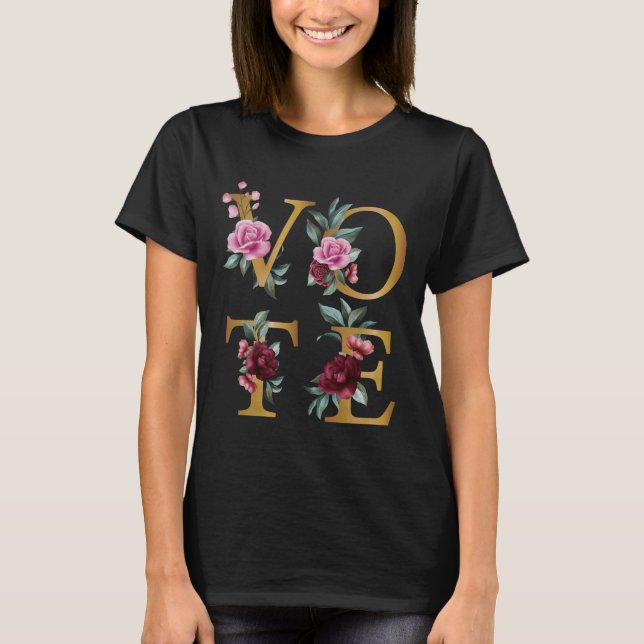 Camiseta Dourada Burgundy Floral Elegante Feminina Vá Votar (Frente)