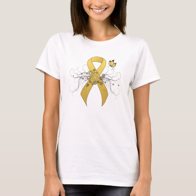 Camiseta Dourada consciência Fita com Borboleta (Frente)