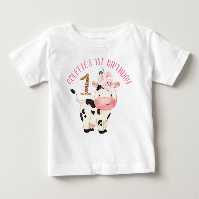 Camiseta Dourada Glitter Uma Vaca Moos Primeiro Aniversário (Frente)