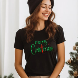 Camiseta Dourada Glitter Vermelha Feliz Natal Cruz Cristã