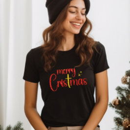 Camiseta Dourada Glitter Vermelha Feliz Natal Cruz Cristã