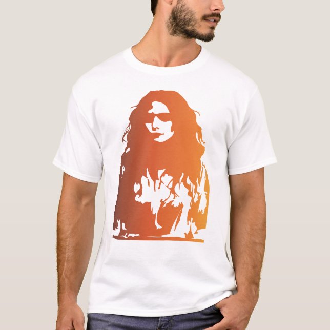 Camiseta Dourada mulher de cabelo longo e óculos de sol (Frente)
