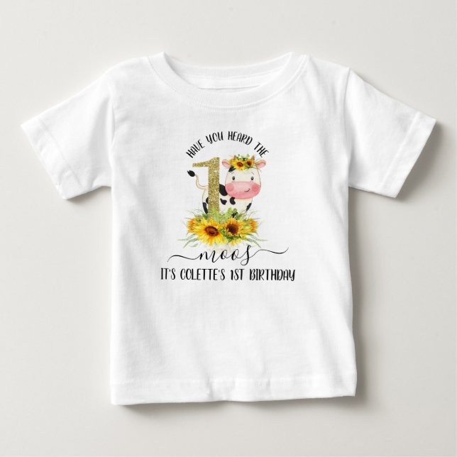 Camiseta Dourada Vaca Brilhante Girassóis primeiro aniversa (Frente)