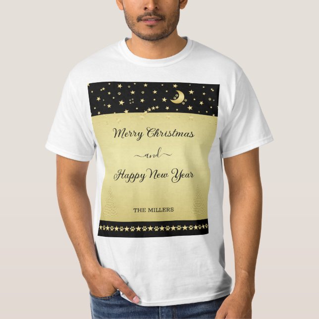 Camiseta Douradas estrelas brilhantes de Natal, patas em ou (Frente)