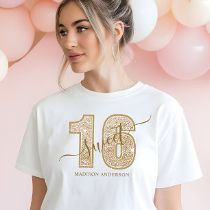 Camiseta Dourado Brilho Script Aniversário de 16 Anos Doce