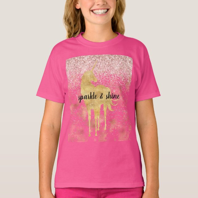 Camiseta Dourado cor-de-rosa, Glitzy Glitter Unicorn (Frente)