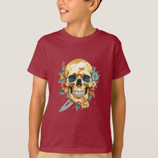 Camiseta Dourado crânio com faca e flor
