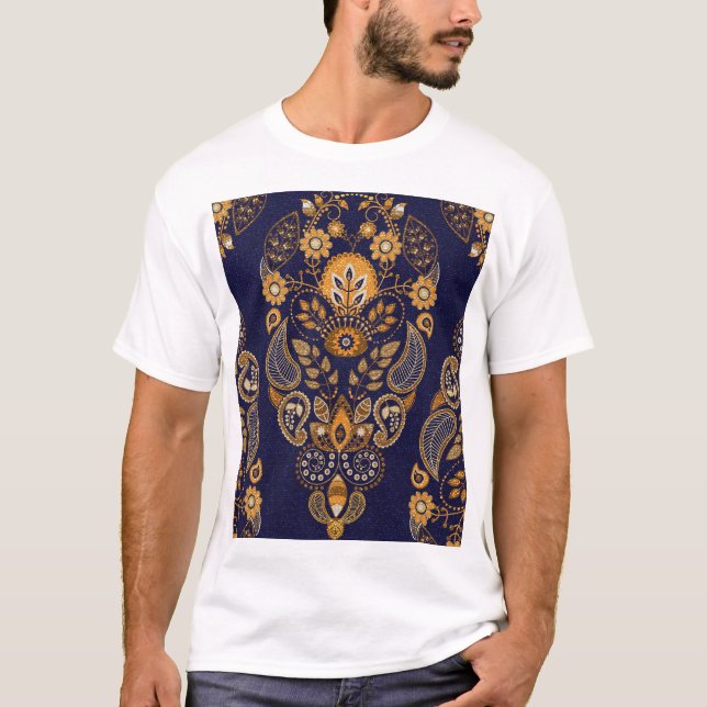 Camiseta Dourado e azul, padrão floral sem costura. (Frente)
