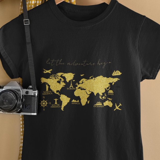 Camiseta Dourado Mapa Mundial da Largura sobre a Aventura E (Criador carregado)