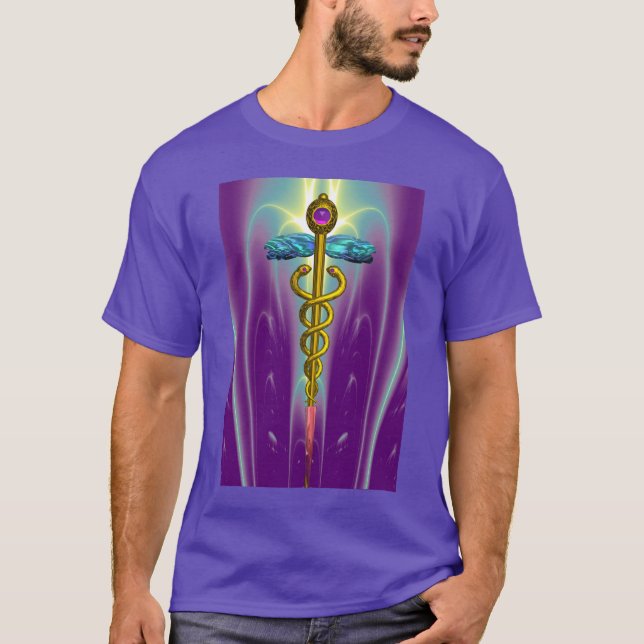 Camiseta DOURADO SÍMBOLO MÉDICO CADUEUS, Verde Roxo (Frente)