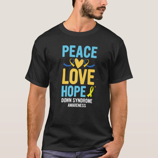 Camiseta Down Syndrome Awareness Peace Love Hope T21 Yellow (Frente)