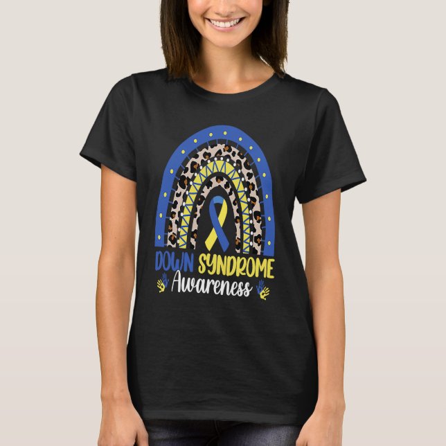 Camiseta Down Syndrome Awareness Rainbow Blue Yellow Ribbon (Frente)