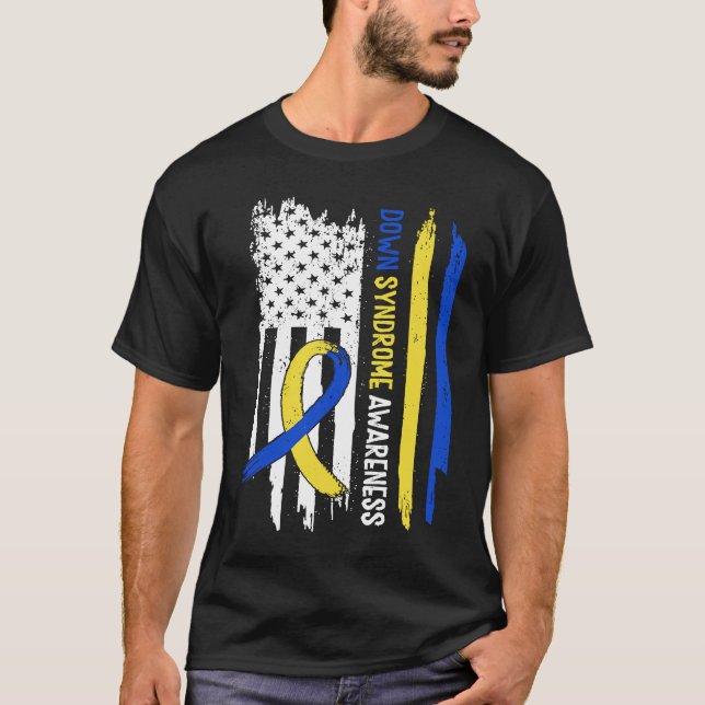 Camiseta Down Syndrome USA Flag Blue Yellow Ribbon (Frente)