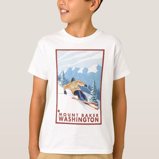 Camiseta Downhill Snow Skier - Mount Baker, Washington (Frente)