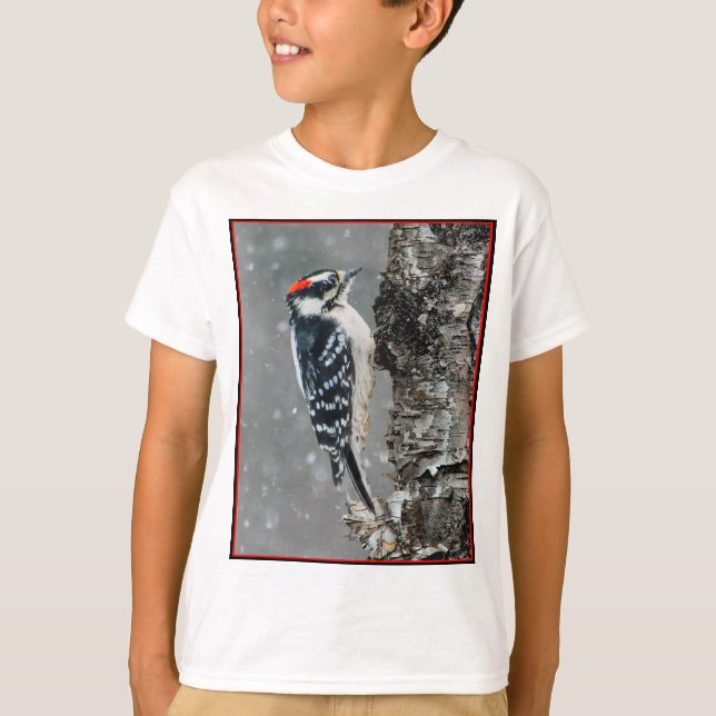 Camiseta Downy Woodpecker em Neve - Foto Original (Frente)