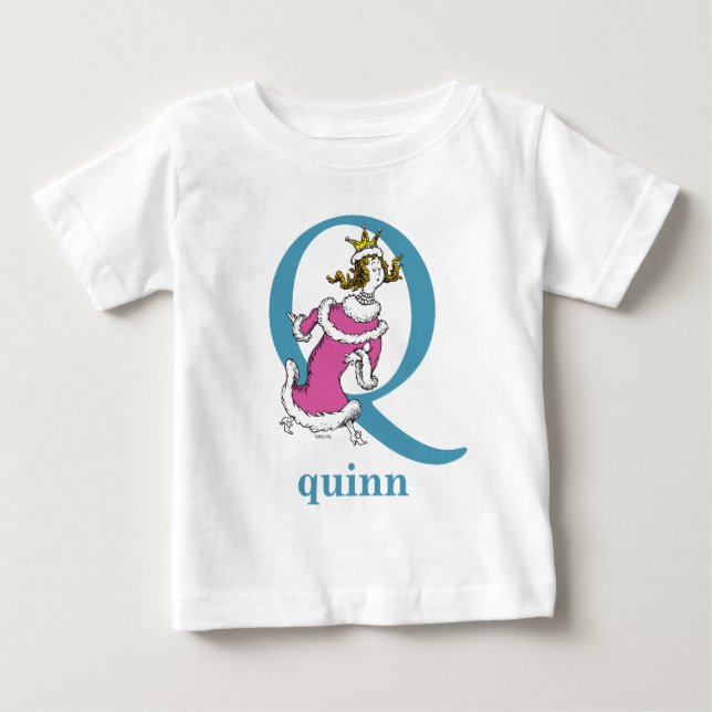 Camiseta Dr. Seuss ABC: Carta Q - Azul | Adicione seu nome (Frente)