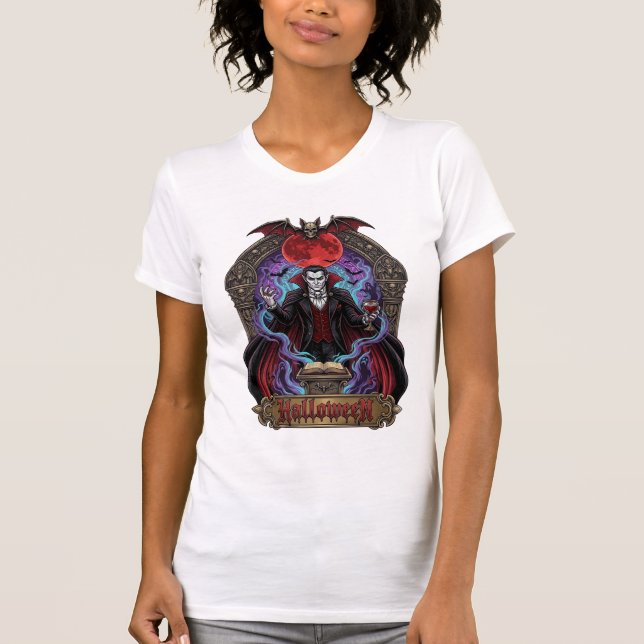 Camiseta Drácula de Halloween Lua Vermelha Morcegos Caveira (Frente)