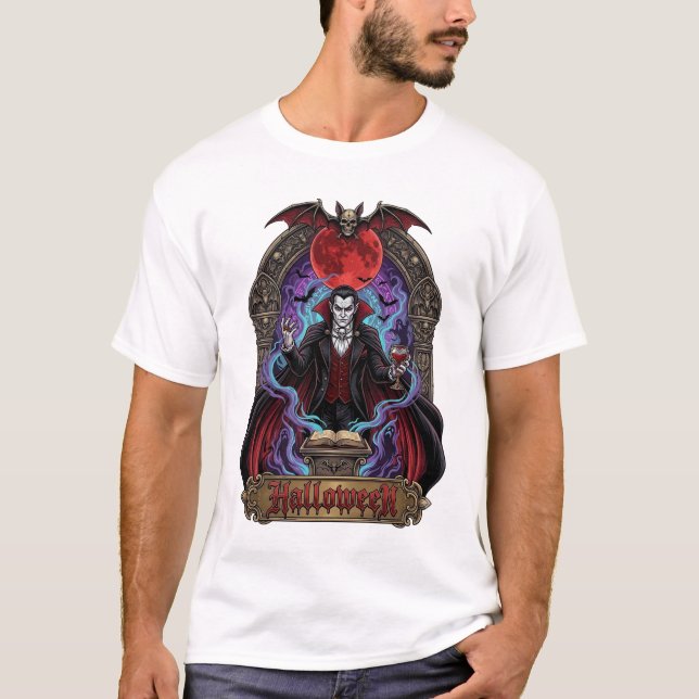 Camiseta Drácula de Halloween Lua Vermelha Morcegos Caveira (Frente)