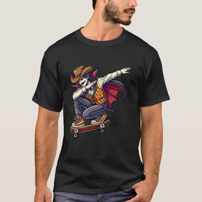 Camiseta Drácula Vampiro Cowboy Divertido Dabbing Andando d (Frente)