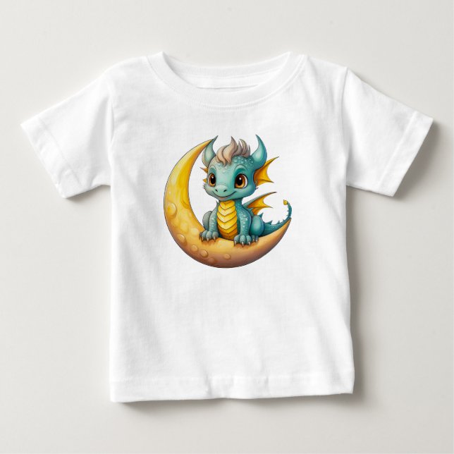 Camiseta Dragão Bebê na Lua – Design Fantasia para Pequenos (Frente)