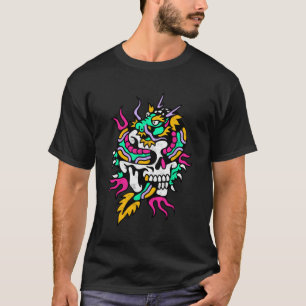 Camiseta Dragão Caveira Tatuagem Tradicional Americana Anti