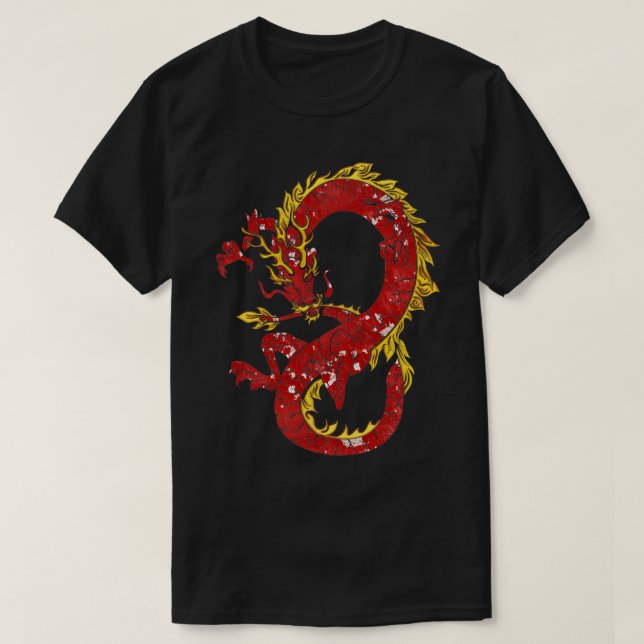 Camiseta Dragão Chinês Asiático Em Desi Vermelho E Dourado (Frente do Design)