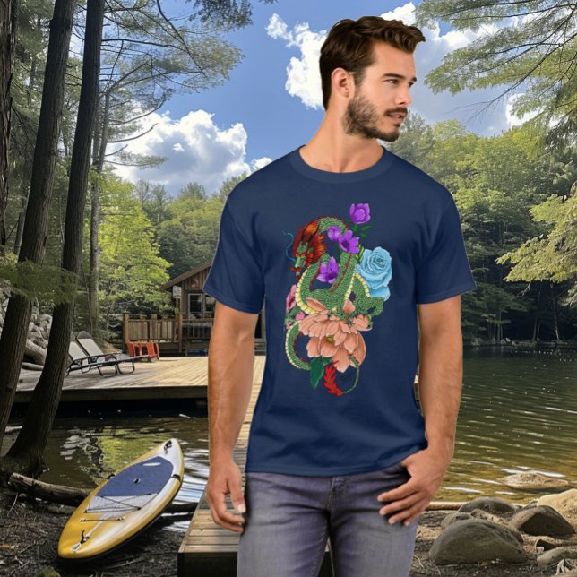 Camiseta Dragão Chinês Verde Místico Floral Azul Marinho (Criador carregado)