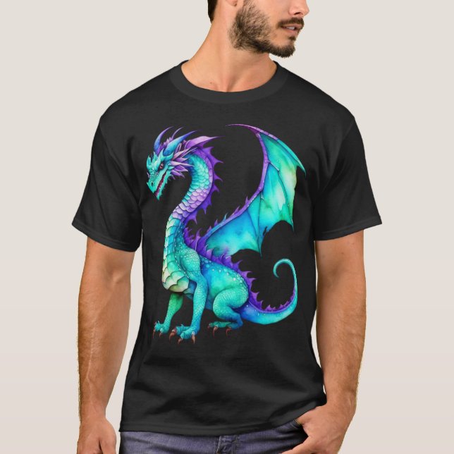 Camiseta Dragão de Aquarela Puro e Teal (Frente)