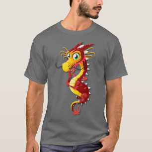 Camiseta Dragão de Cartoon Chinês Vermelho e Dourado