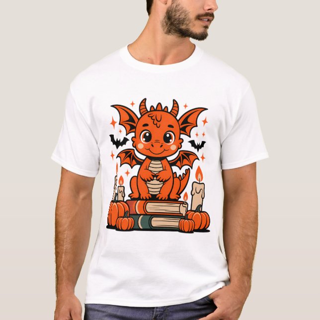 Camiseta Dragão de Halloween bonito com livros (Frente)