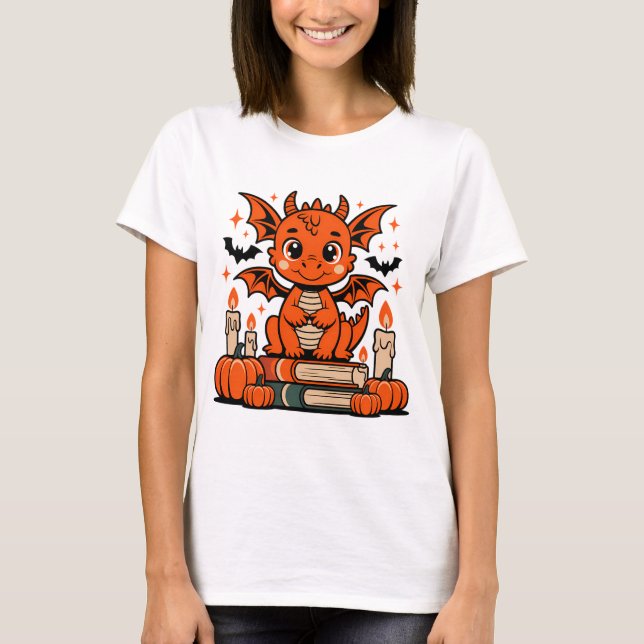 Camiseta Dragão de Halloween bonito com livros (Frente)