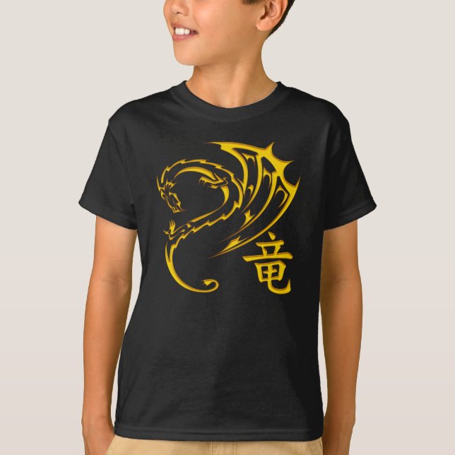Camiseta Dragão Dourado com símbolo do Kanji (Frente)