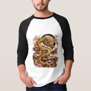 Camiseta Dragão Dourado e Estética de Flor de Cerejeira par