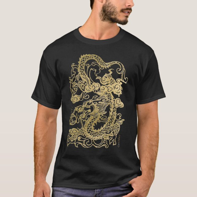 Camiseta Dragão Dourado no impressão de couro (Frente)