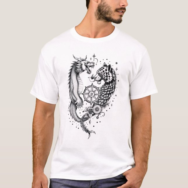 Camiseta Dragão e Design de Tatuagem Leopardo (Frente)
