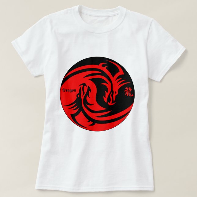 Camiseta dragão em yinyang preto e vermelho (Frente do Design)