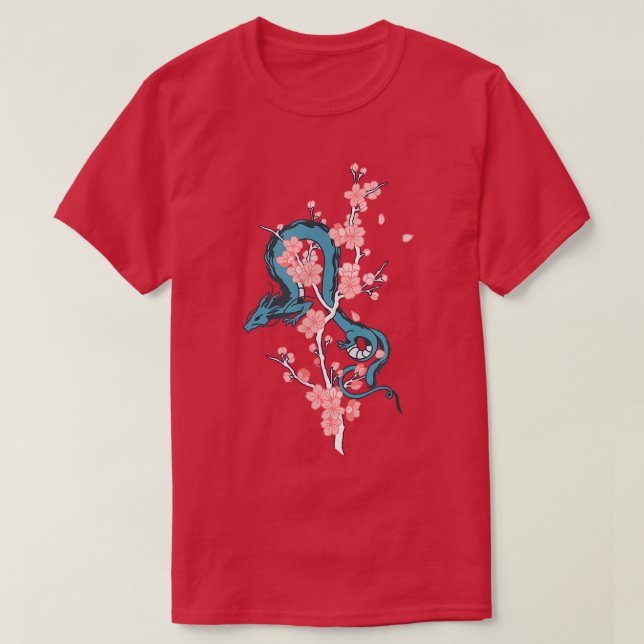 Camiseta Dragão Japonês Azul com Árvore Flor Sakura (Frente do Design)