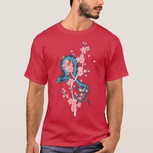 Camiseta Dragão Japonês Azul com Árvore Flor Sakura