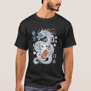 Camiseta Dragão Japonês Kawaii Cello Gato Banda de Música O