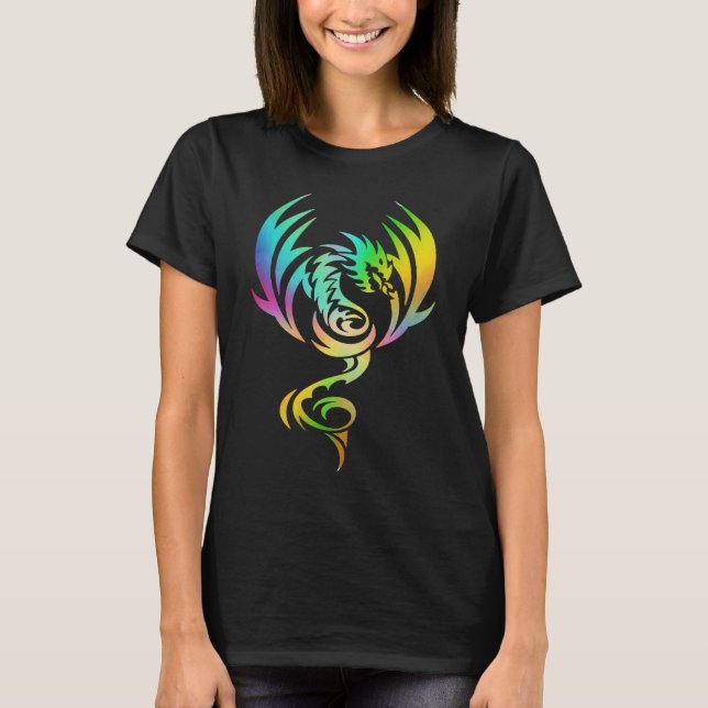 Camiseta Dragão Mítico Medieval Com Asas Arco-Íris (Frente)