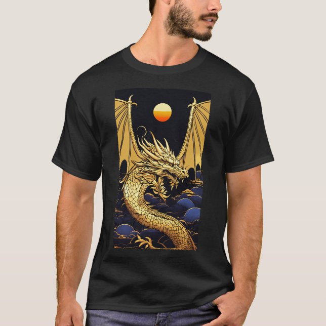 Camiseta "Dragão Ouro no amanhecer: Fusão Vaporwave" (Frente)